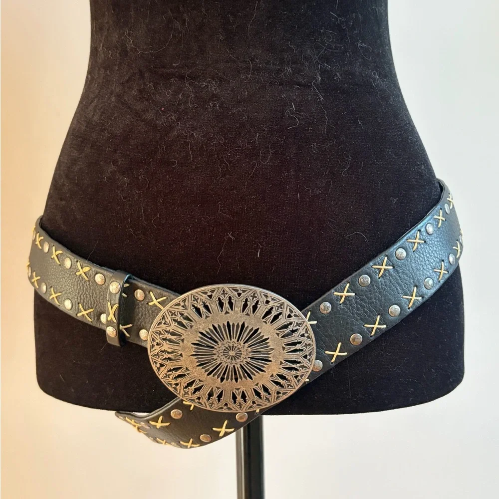 Suzi Roher Canada Western Chucky Belt Buckle Leather & Stretch Fabric Stud Belt